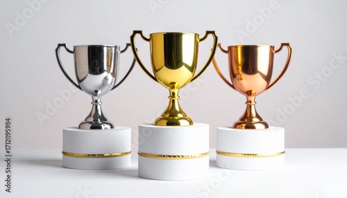 Three first place achievement awards gold silver and bronze trophies on pedestals