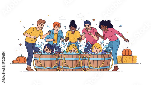 Autumn Fun: A vibrant illustration depicts a group of friends playfully participating in an autumnal water dunking game, enjoying the crisp atmosphere. 