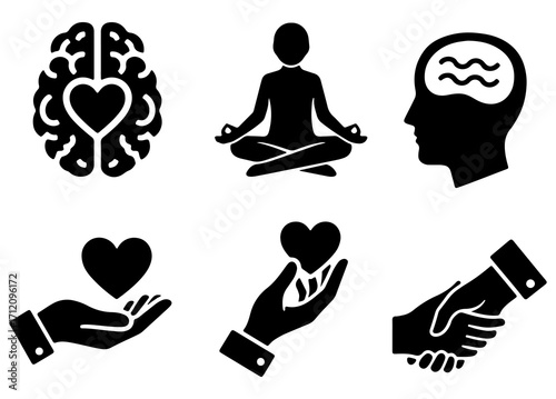 A set of nine linear icons related to mental and emotional well-being, featuring symbols for meditation, therapy, love, heartbreak, and agreement.