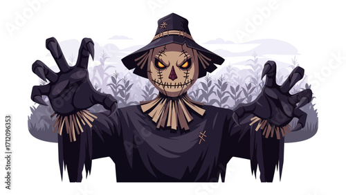 Spooky Scarecrow in the Cornfield: A creepy, animated scarecrow with glowing eyes reaches out menacingly in a cornfield, perfect for Halloween or autumn-themed projects. 