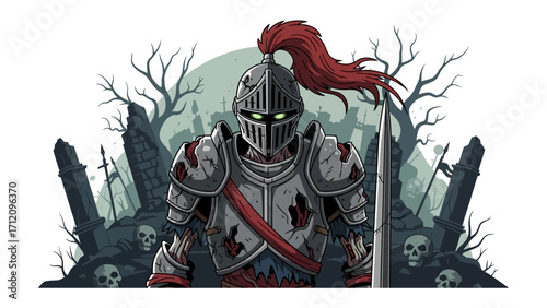 Knight in Armor: A formidable knight, clad in intricate armor, stands amidst an eerie, war-torn landscape, the embodiment of resilience and medieval valor. 