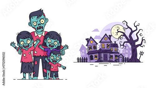 Halloween Zombie Family and Haunted House: Spooky cartoon depicting a zombie family, alongside a haunted house under a moonlit sky. Suitable for a creepy Halloween design. 