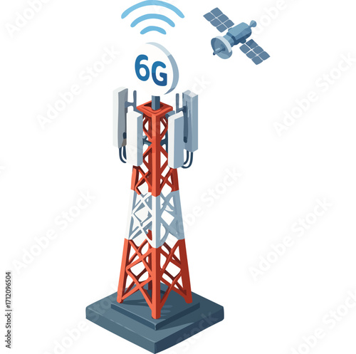 6G communication tower for wireless hi-speed internet. Mobile network technology in city life concept. LTE aerial connection with satellite net. Mast of station of the broadcasting cellular	