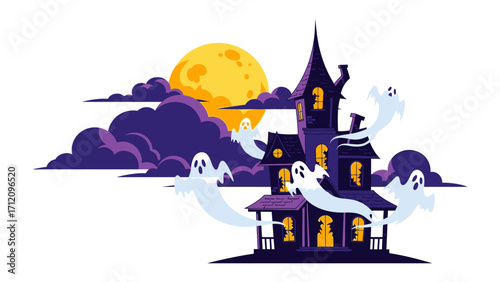 Spooky Haunted House: A whimsical illustration depicts a classic haunted house scene under the haunting gaze of a full moon, where playful ghosts float.