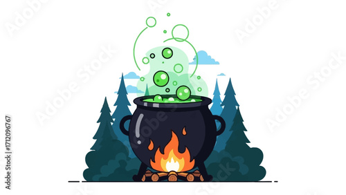 Mystical Cauldron Bubbling: A vibrant illustration of a cauldron steaming over a crackling fire, surrounded by silhouetted trees, embodies the essence of magic and mystery.