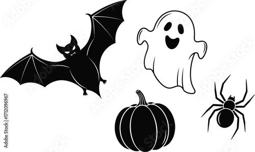 Whimsical Halloween icons: a friendly ghost, a flying bat, a spooky spider, and a carved pumpkin.