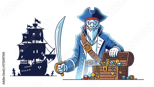 The Pirate's Treasure: A formidable pirate, clad in classic garb, stands guard over a trove of gleaming gold coins and a treasure chest, while his ship sails nearby, ready for adventure.