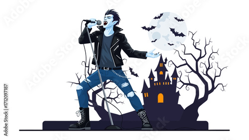 Rock and Roll Halloween Illustration: A rocker, captured in an illustration, belts out a tune under a Halloween sky, adorned with bats, bare trees, and a haunted house.