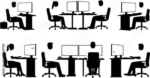 Business People Working on Dual Monitors Silhouette
