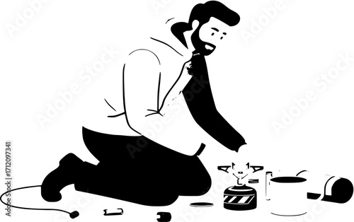 Man kneeling to set up camping stove
