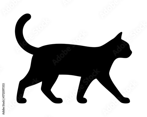 Black Cat Silhouette: A sleek black cat silhouette, a symbol of mystery and grace, gracefully walks against a background. The image captures the essence of feline elegance and nocturnal mystique.