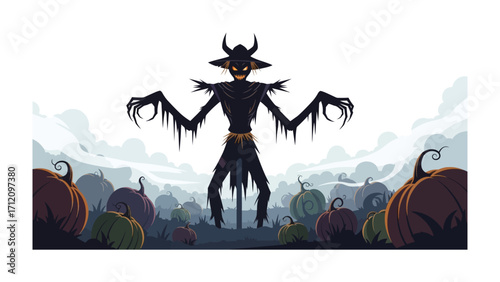 Spooky Scarecrow Amidst Pumpkins: A chilling Halloween scene unveils a menacing scarecrow figure standing tall amidst a field of glowing pumpkins under a twilight sky.