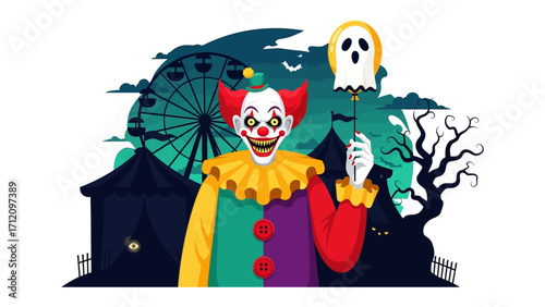 Evil Clown's Carnival Night: A frightening clown, illuminated against a carnival setting, wields a ghostly companion as eerie clouds drift above.