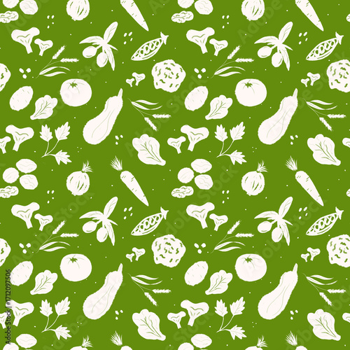 Colorful pattern of various vegetables and grains on a green background ideal for kitchen decor or gardening themes