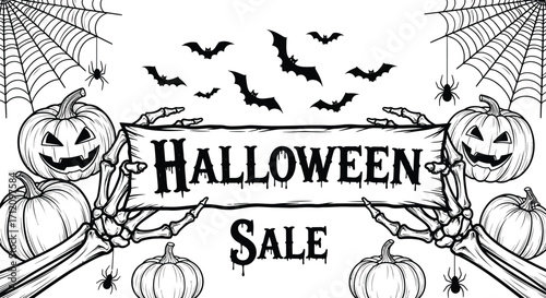 Spooky skeleton hands hold a "Halloween Sale" banner surrounded by pumpkins, bats, and spiders.