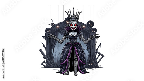 Sinister puppet queen: A spooky puppet queen with menacing eyes stands, the dark presence evoking a sense of fear, mystery, and foreboding.