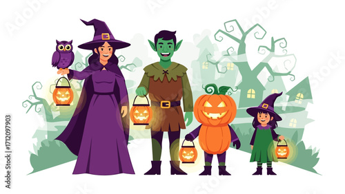 Halloween Gathering: A whimsical illustration of a group of costumed figures, including a witch, a goblin, and a pumpkin, enjoying a spooky celebration, capturing the essence of Halloween spirit.