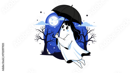 Whimsical Phantom's Evening: An illustrated ghost, floating gently under the cover of an umbrella, enjoys a night under the moonlight with silhouette of trees as backdrop.