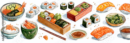 Vector illustration, Various Japanese foods cuisine. Watercolor painting, banner.