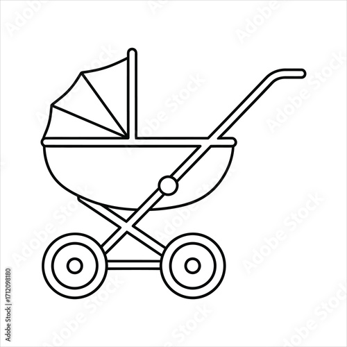 Black outline of a vintage baby carriage on a white background stroller pram 1