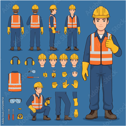 Construction worker, builder in helmet, vest, uniform. Character constructor for animation. Front, side and back view set. Body parts, postures, poses collection. Vector illustration.