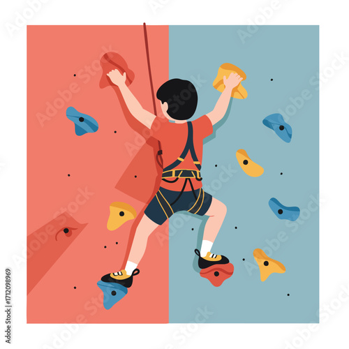 a child wearing a safety harness and climbing shoes, reaching for a colorful hold on an artificial rock climbing wall, 