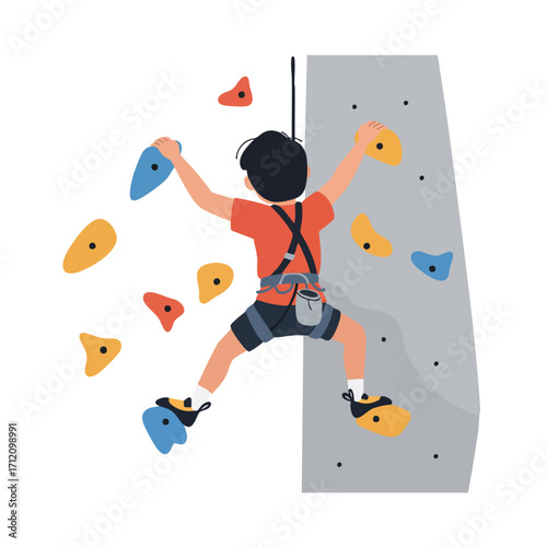 a child wearing a safety harness and climbing shoes, reaching for a colorful hold on an artificial rock climbing wall, 