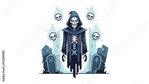 Spooky Grim Reaper Illustration: A haunting illustration of the Grim Reaper, cloaked in black and bearing a skeletal visage, amidst a graveyard, evokes a sense of mortality, fear.