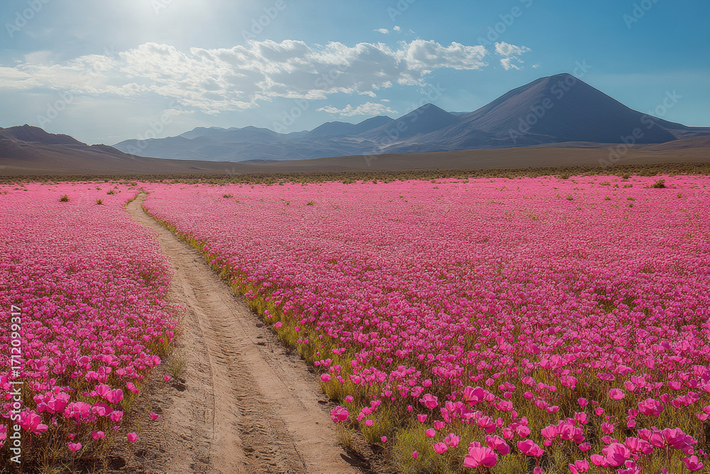Obraz premium Dirt road through pink flowers field.