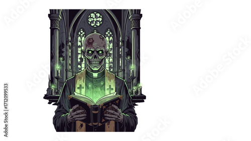 The Grim Priest: a spectral skeletal priest illuminates a sacred text within a gothic cathedral, eerie green light casting haunting shadows.