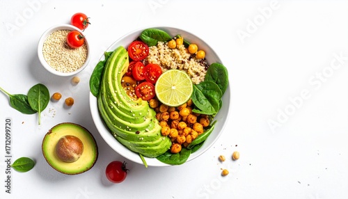 Healthy Plant-Based Salad Bowl with Avocado, Quinoa, and Spinach Isolated on White Background