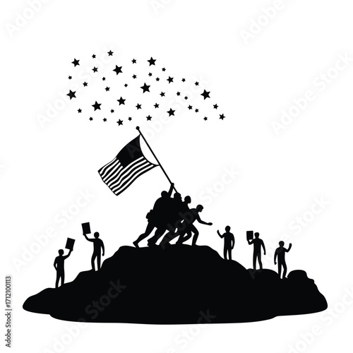 Silhouette of soldiers raising American flag on hill with stars