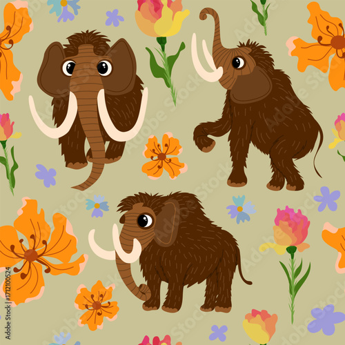 Seamless vector pattern with cute woolly mammoths and bright flowers on beige background