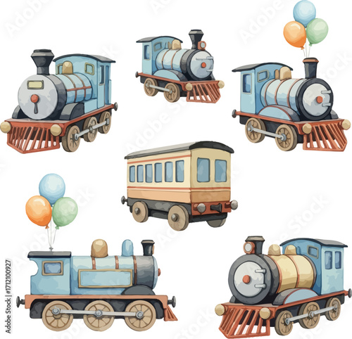 Whimsical watercolor collection of vintage steam locomotives and passenger car with festive balloons for children s themes