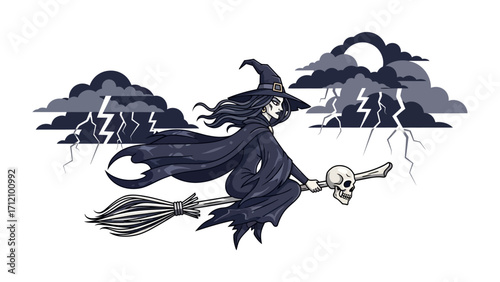 Witch on Broomstick: A spooky witch flies across a stormy night sky. With a skull in hand, she is a figure of mysterious power and dark beauty.