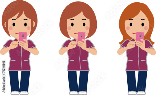 スマホを操作するえんじ色の制服の女性看護師