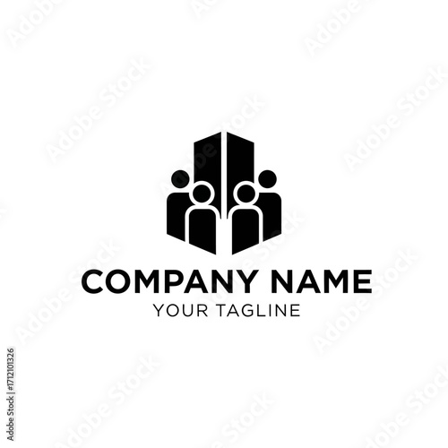 Minimalist black and white logo featuring stylized people integrated with abstract city buildings for a corporate brand.