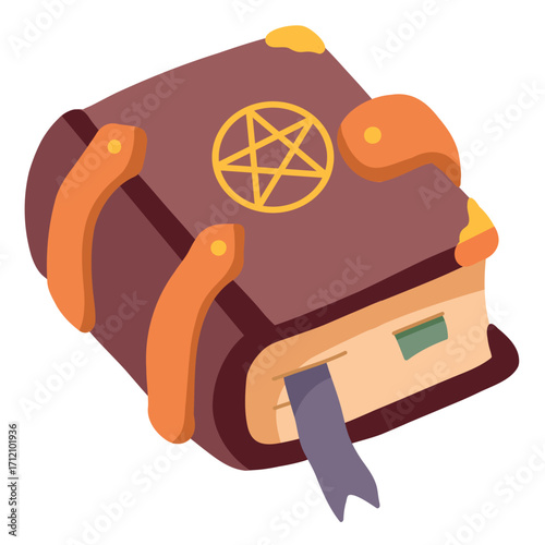 An ancient grimoire book with mystical pictograms and bookmarks. Perfect for magic themes, spellcraft, and enchanting storytelling designs.

