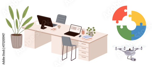 Workspace featuring desk, computers, books, plant, and coffee cup, alongside quadcopter and colorful puzzle chart. Ideal for technology, innovation, productivity creativity teamwork education
