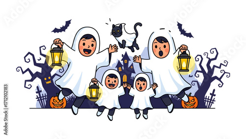 Spooky Family Halloween: A whimsical illustration capturing a family's playful Halloween adventure, all dressed up as friendly ghosts.