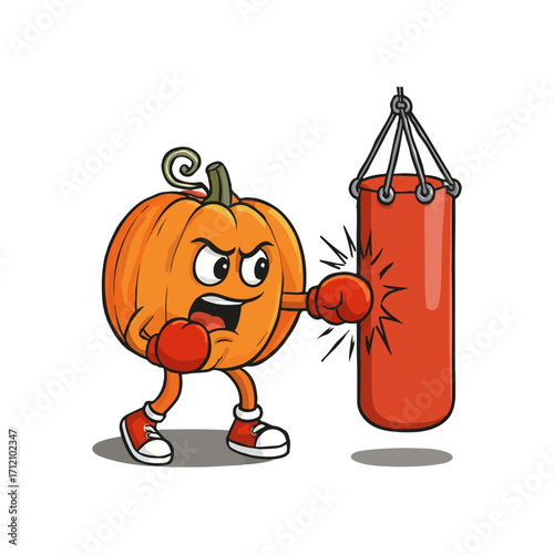 Cartoon Pumpkin Punches a Punching Bag