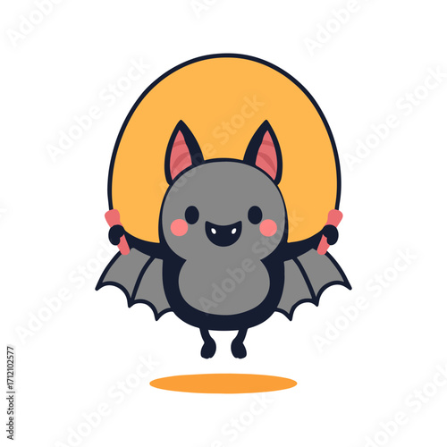 Cute cartoon bat jumping rope against Halloween sunset.