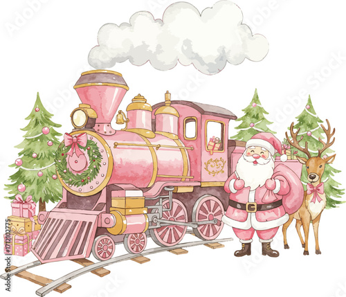Whimsical watercolor illustration of santa claus and a reindeer with a festive pink steam train and christmas trees