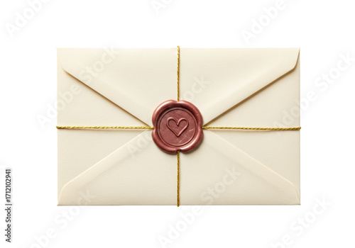 Isolated romantic envelope secured by cord and wax seal, letter with love heart, wedding invite