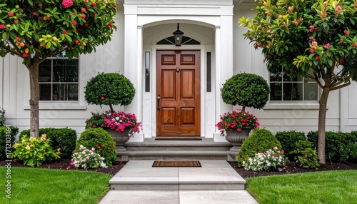 Exterior Shot of Elegant Home with Wooden Door and Lush Garden Featuring Flowering Bushes and Green Lawn at Daytime