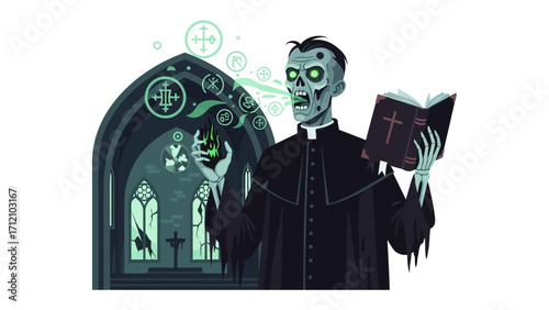 Undead Cleric's Rite: An illustrated undead cleric, embodying a macabre mix of faith and the supernatural, clutches a sacred text within a gothic setting.