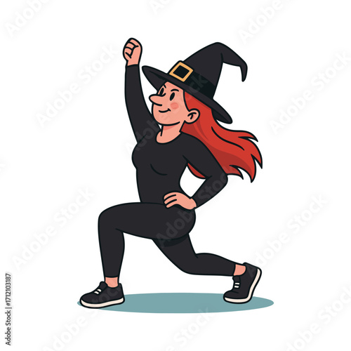 Energetic witch character in a dynamic exercise pose.
