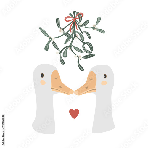 Two happy geese under mistletoe hanging bunch. Christmas kisses concept. Vector isolated illustration