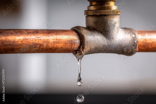 Leaking Copper Pipe Joint with Water Droplet, Illustrating Plumbing Problems and Home Repair Issues