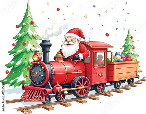Santa claus drives a festive red steam engine train carrying gifts through a winter wonderland with christmas trees